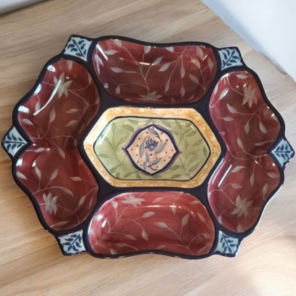 Danna Cullen VTG Large Chip & Dip Serving Tray Handpainted Floral Ceramic Plate